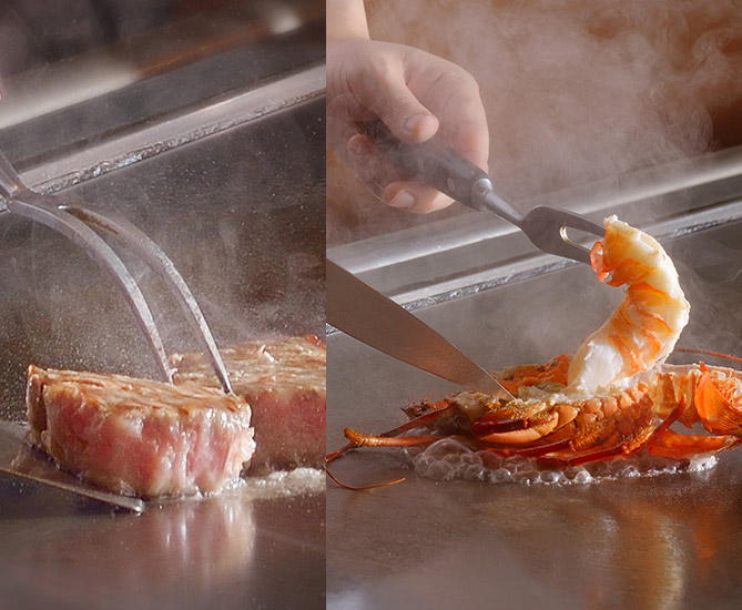 Cooking Shrimp and Meat on a Hot Steel Plate at Kiyoishi