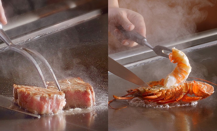 Cooking Shrimp and Meat on a Hot Steel Plate at Kiyoishi